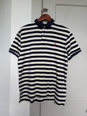 VINTAGE POLO RALPH LAUREN POLO STRIPED SHORT SLEEVE SHIRT BLUE/WHITE MENS LARGE